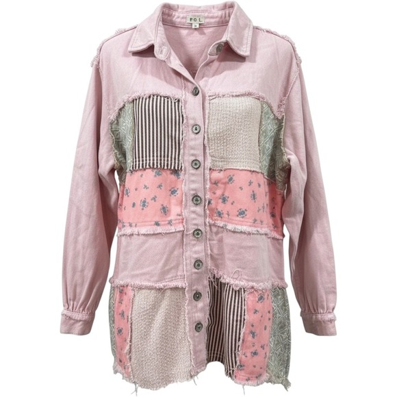 POL Jackets & Blazers - POL Pink Patchwork Denim Shirt Jacket Floral Striped Shacket YKT1274 Small
